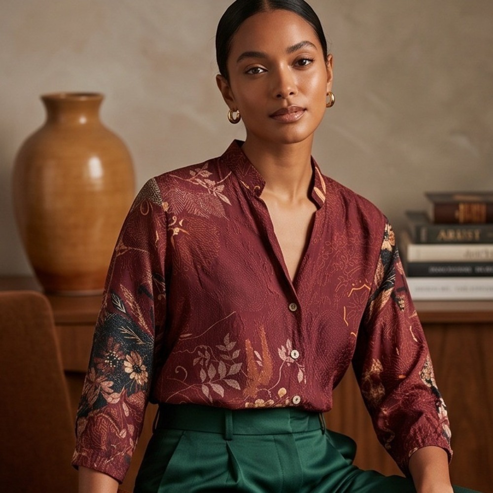 Citron Santa Monica PM Vintage Embossed Silk Blouse Burgundy Floral